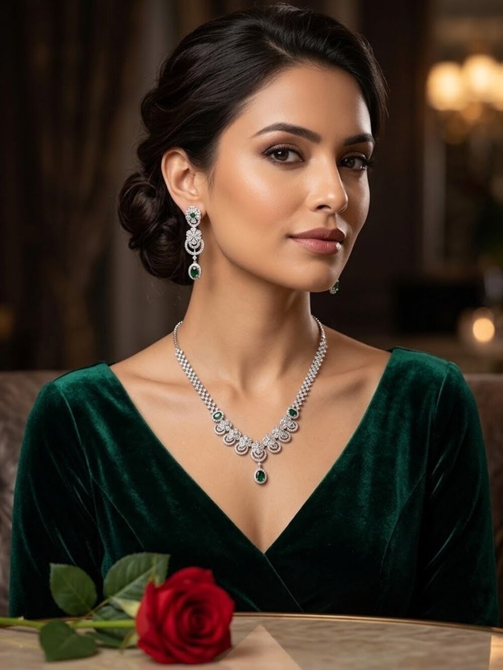 Elegant Silver-Tone Necklace and Earring Set with Faux Green Gemstone Accents, P